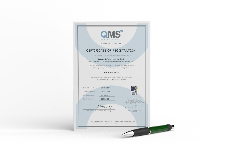ISO 9001 certificate and pen