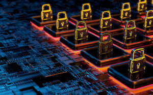 padlock symbols glowing and circuitry in background