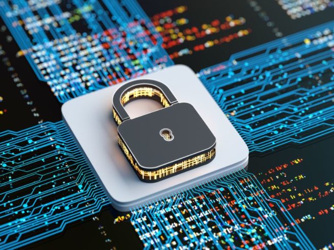 cybersecurity padlock symbol on top of circuitry
