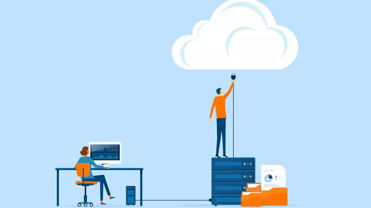 illustration of a woman using a computer while a man stands on top of a server rack and plugs a cable into a cloud